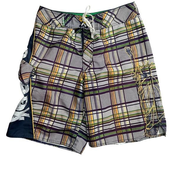 Y2K Zoo York Plaid Swim Shorts Size 30 Graphic Baggy Skater Surfwear VTG - Picture 1 of 7